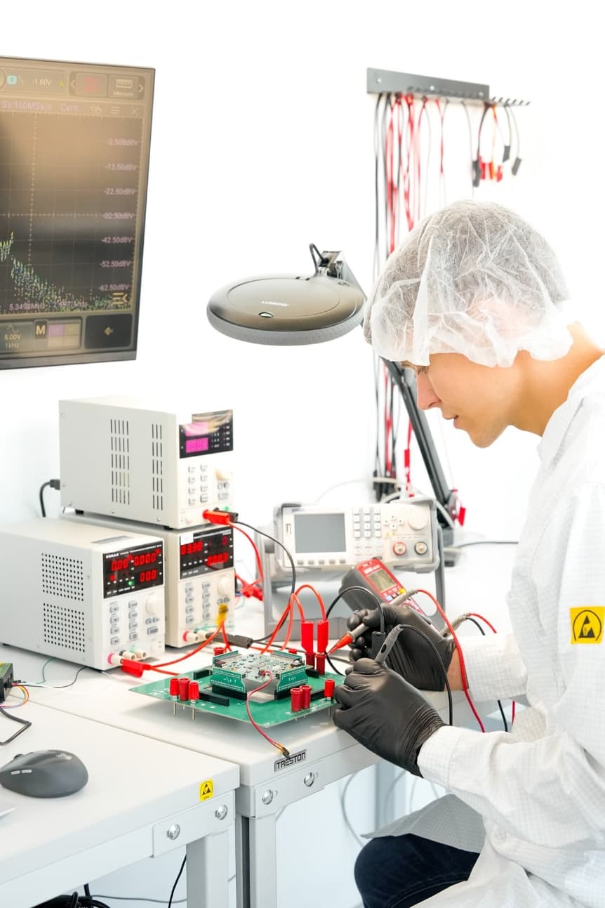 Engineer wearing gloves and safety glasses inspecting small electronic components through a magnifying lamp in a laboratory.