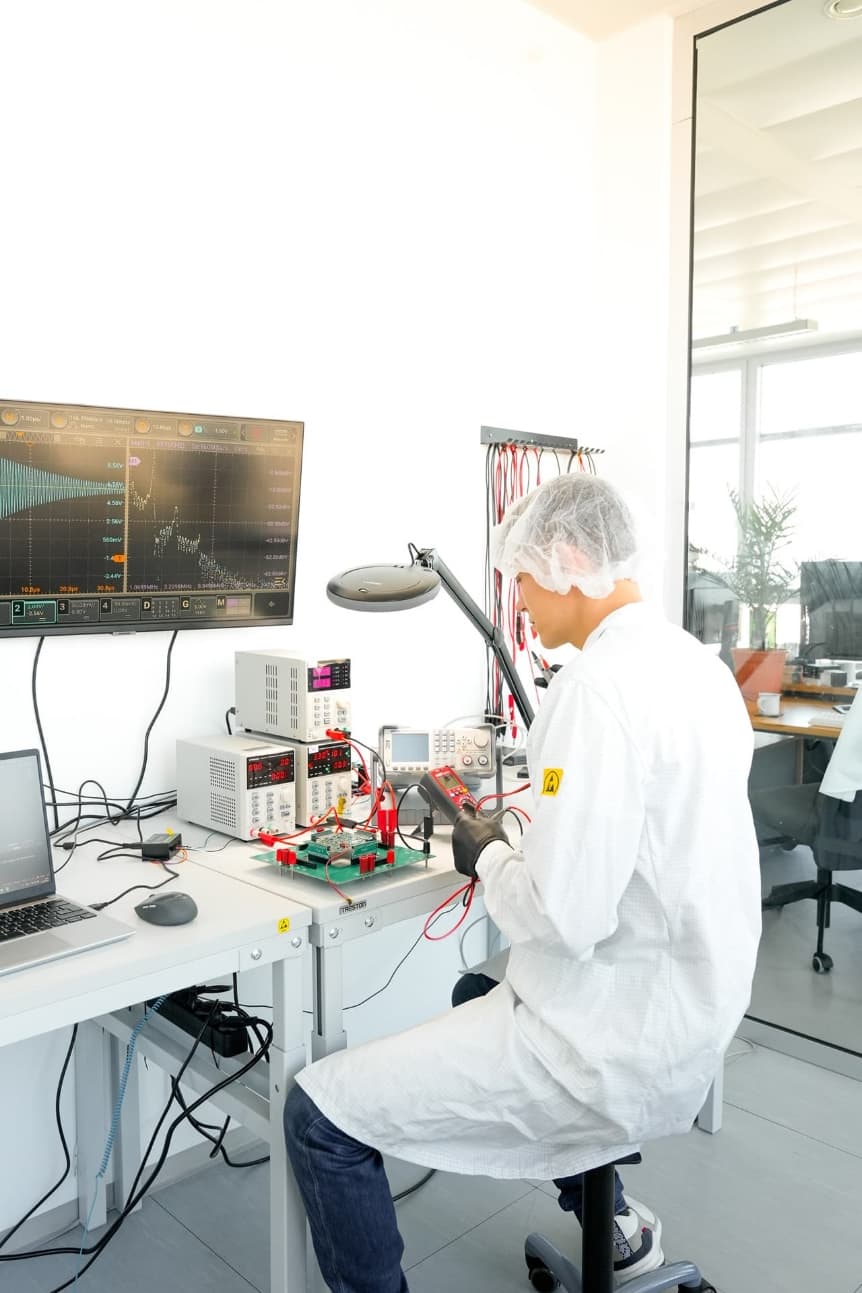 Engineer in a cleanroom lab coat testing electronic circuit boards with measuring equipment and oscilloscope on screen in a laboratory environment.