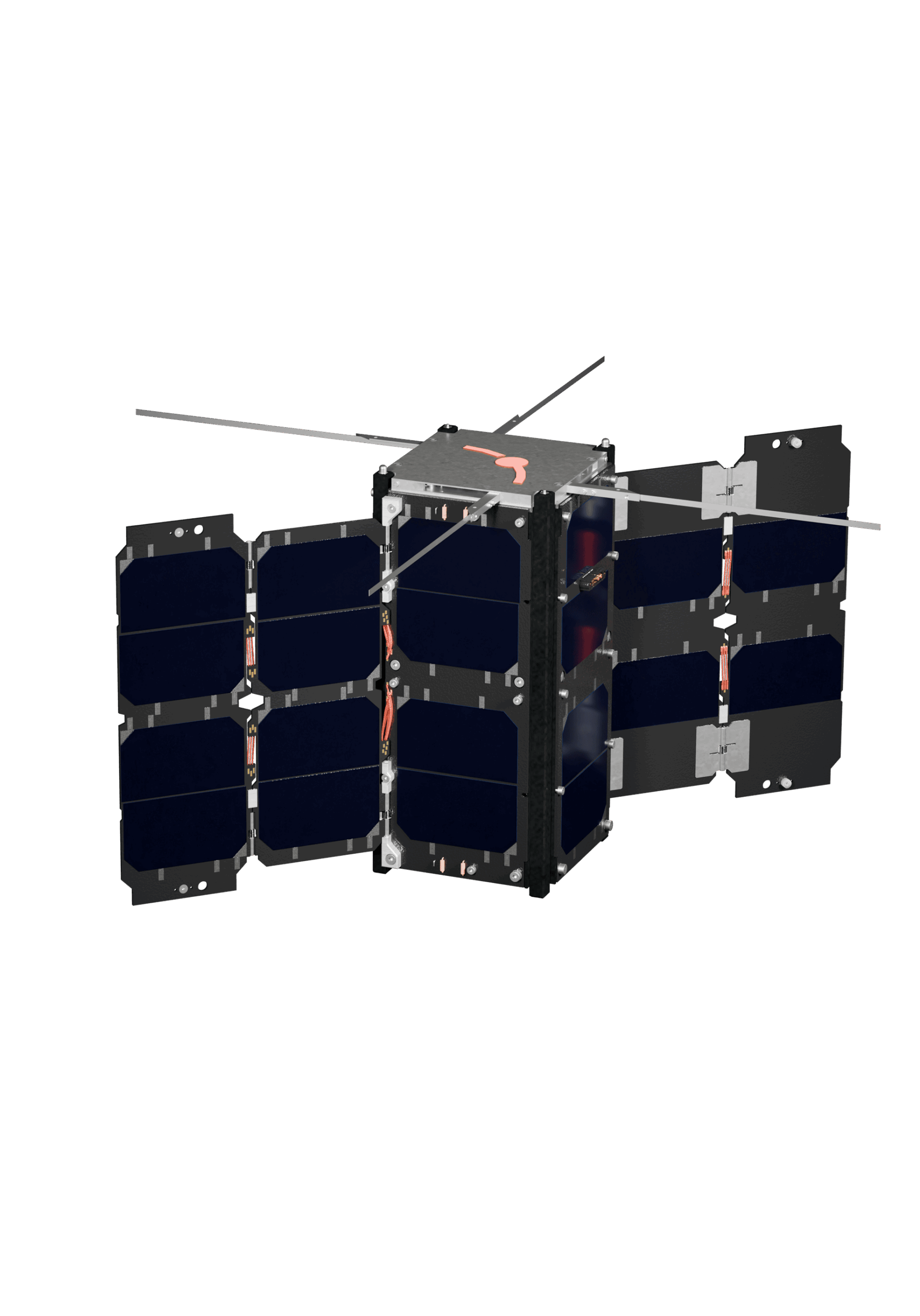 3U CubeSat with deployed solar panels and antennae in space-ready configuration