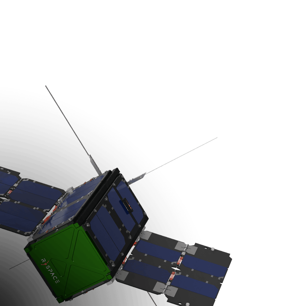 3U CubeSat nanosatellite with deployed solar panels and antennas in space-ready configuration, featuring R-Space branding